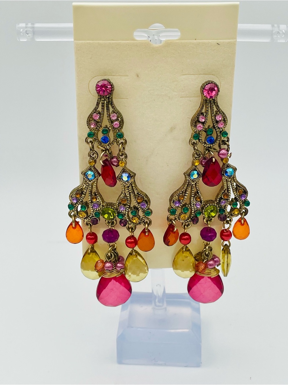 Multicolor Gem Chandelier Earrings - Pink, Red, Yellow & Orange. Teardrop Beads